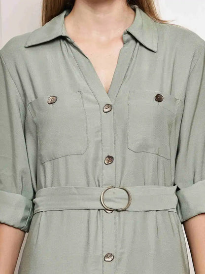 Elegant Sage Green Button - Down Belted Midi Shirt Dress for Women - The Bebla