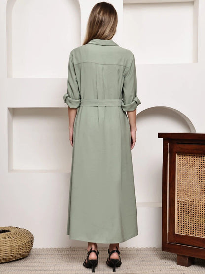 Elegant Sage Green Button - Down Belted Midi Shirt Dress for Women - The Bebla