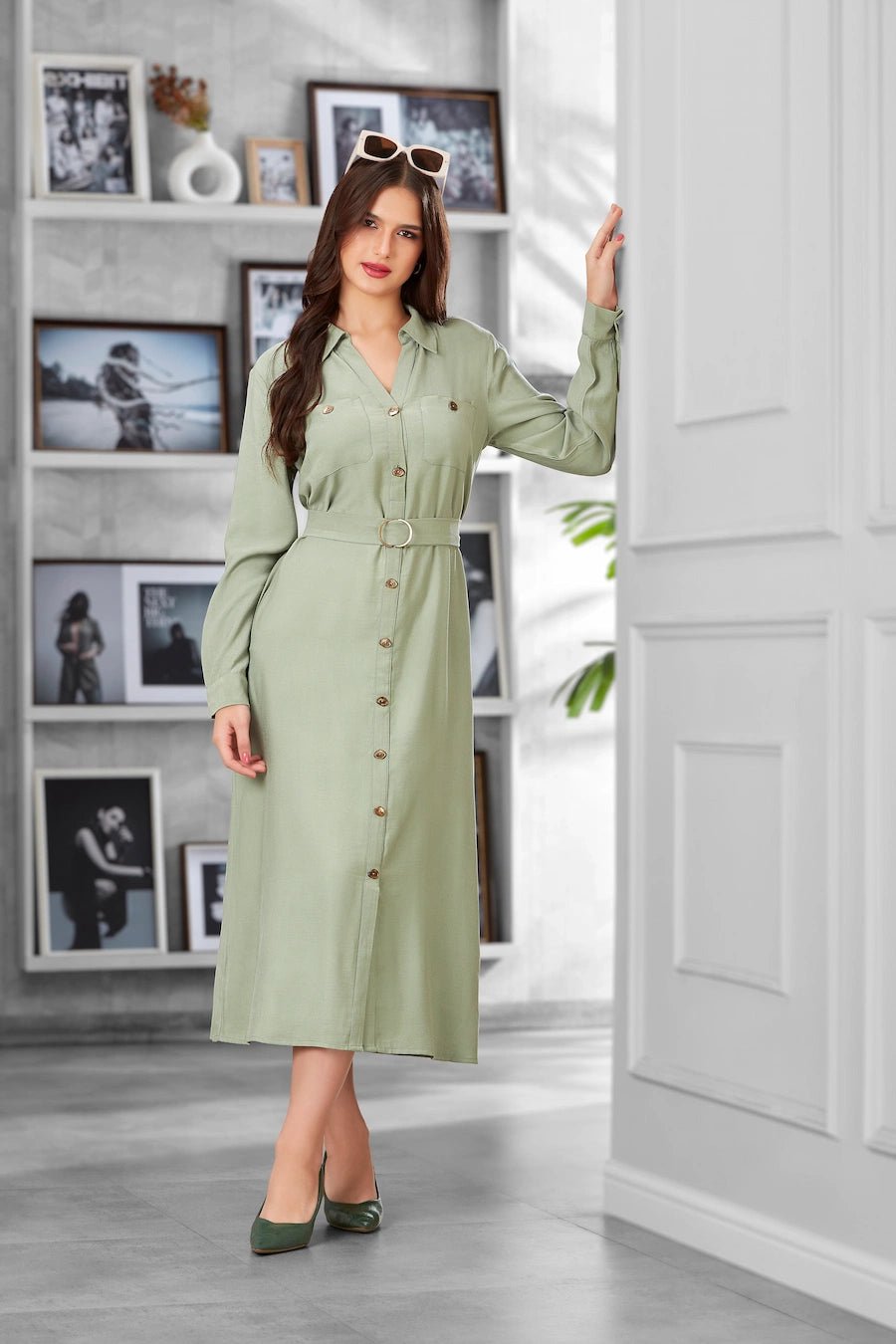 Elegant Sage Green Button - Down Belted Midi Shirt Dress for Women - The Bebla