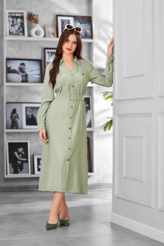 Elegant Sage Green Button - Down Belted Midi Shirt Dress for Women - The Bebla