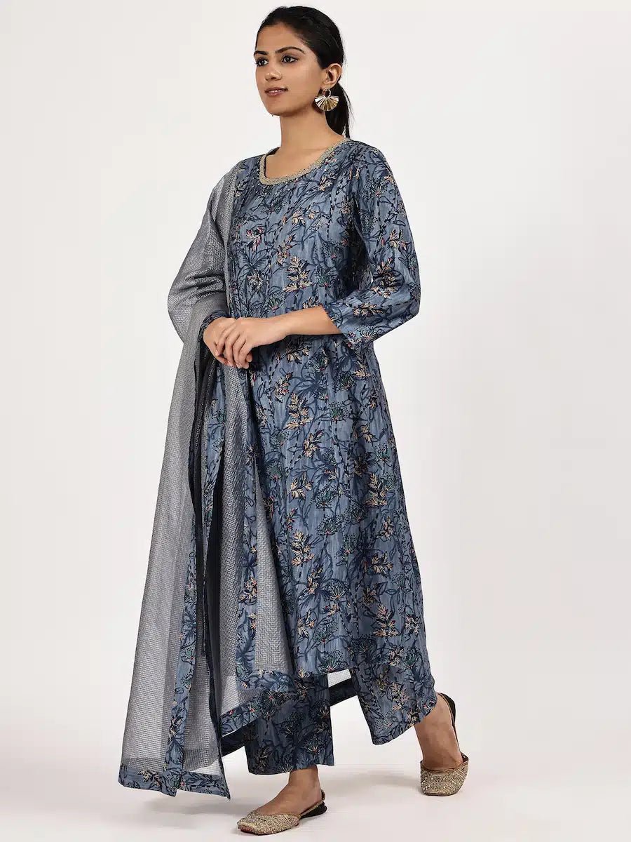 Embroided Printed Blue kurta set with misdent dupatta - The Bebla