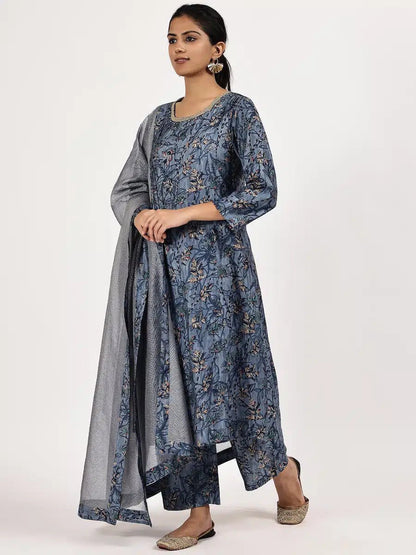Embroided Printed Blue kurta set with misdent dupatta - The Bebla