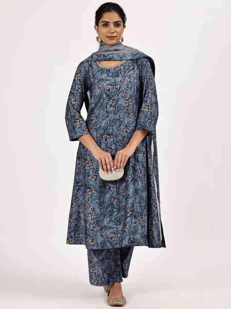 Embroided Printed Blue kurta set with misdent dupatta - The Bebla