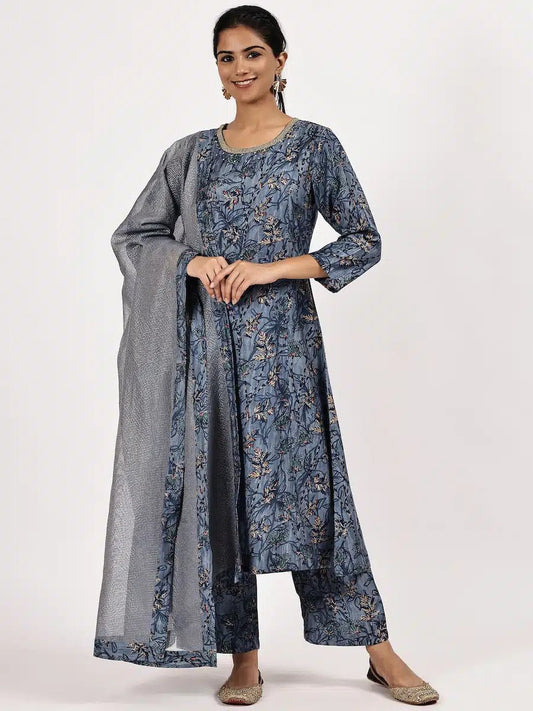Embroided Printed Blue kurta set with misdent dupatta - The Bebla