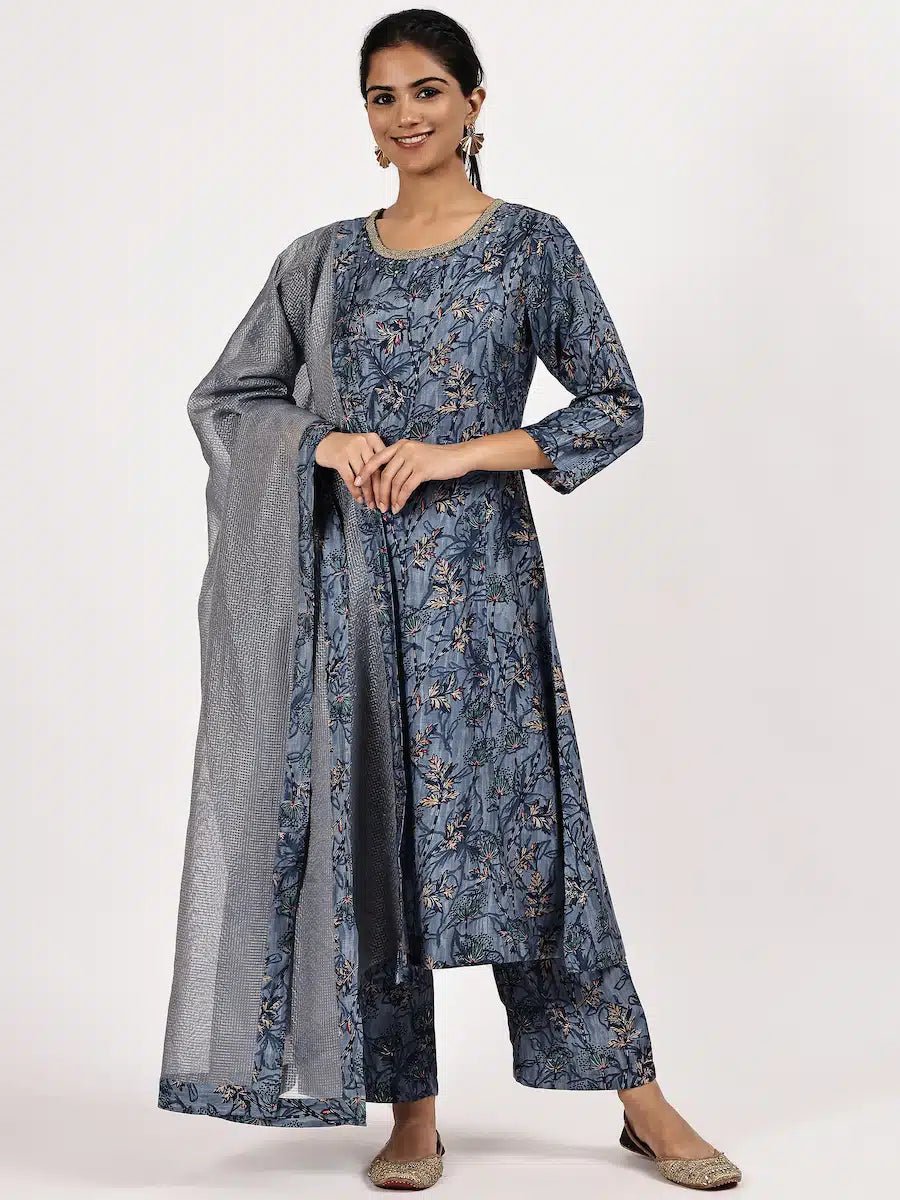 Embroided Printed Blue kurta set with misdent dupatta
