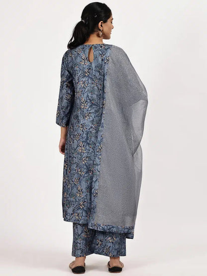 Embroided Printed Blue kurta set with misdent dupatta - The Bebla