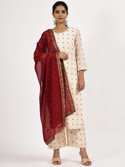 Embroided Printed Off - white Kurta Set with Maroon Dupatta - The Bebla