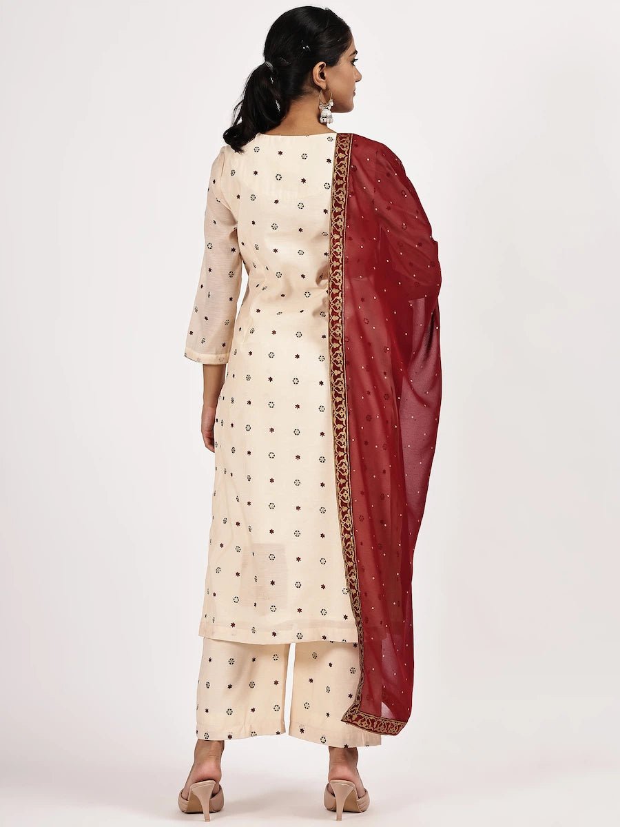 Embroided Printed Off - white Kurta Set with Maroon Dupatta - The Bebla