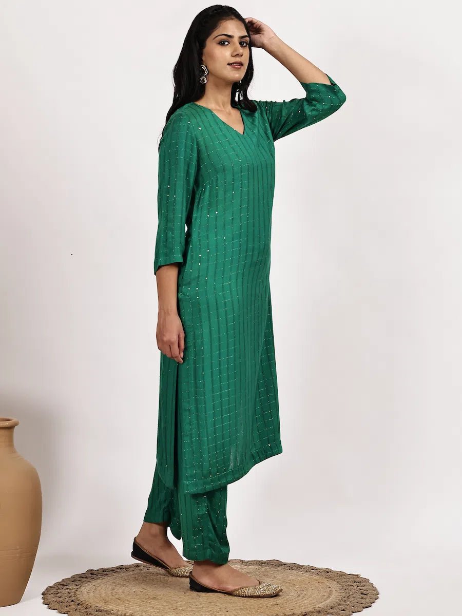 Emerald Green Self - Patterned Kurta with pant - The Bebla