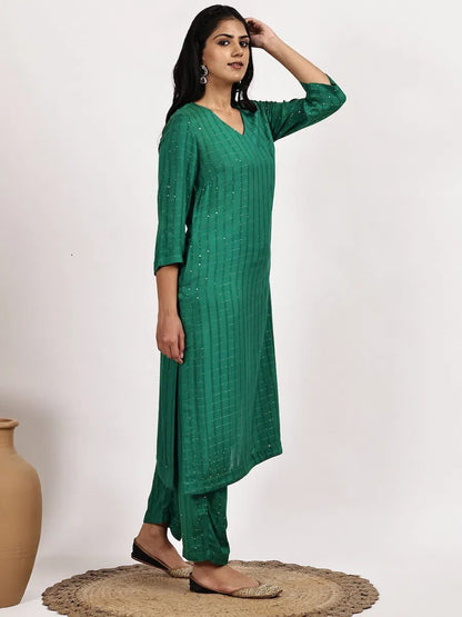 Emerald Green Self - Patterned Kurta with pant - The Bebla