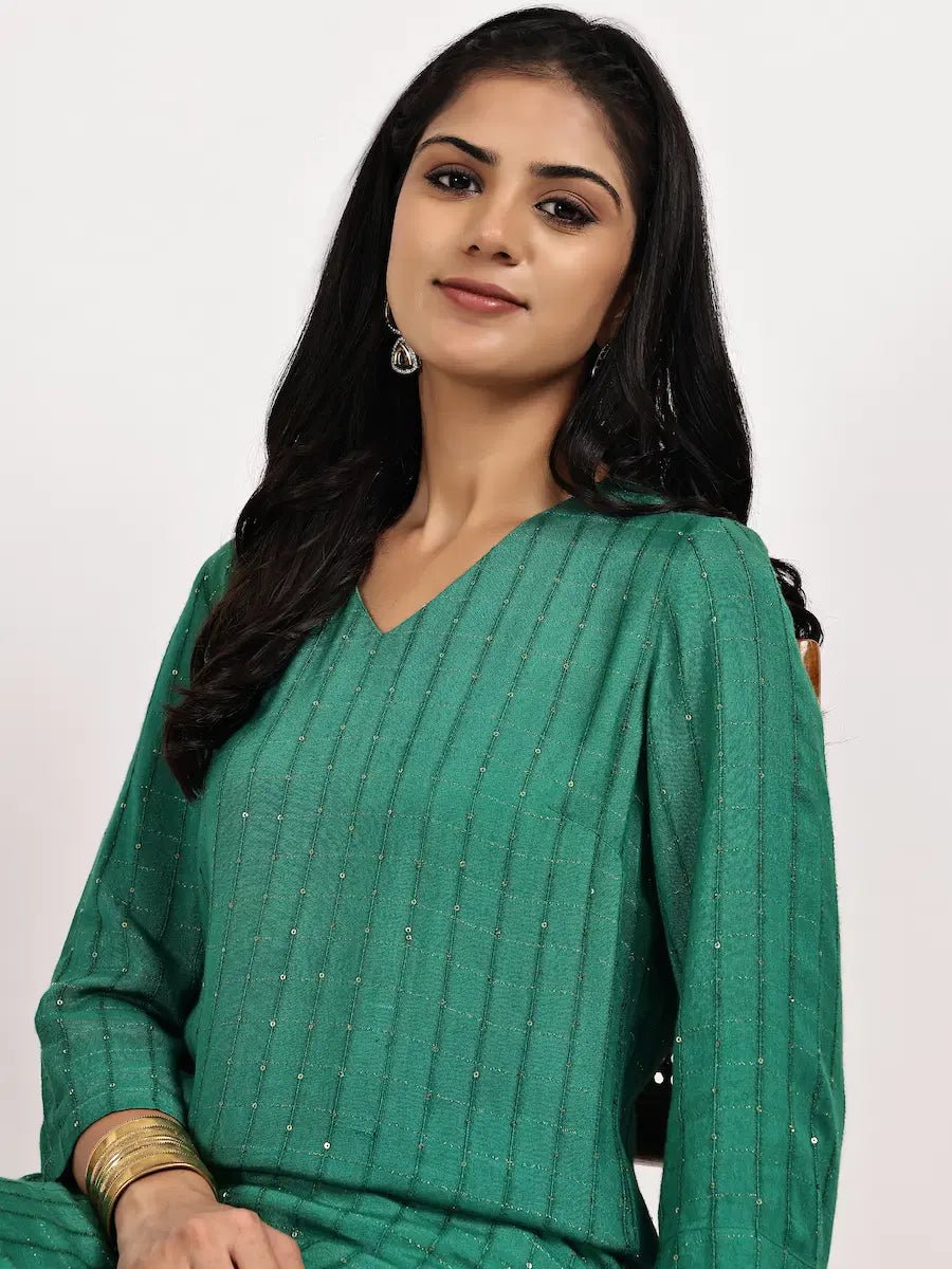 Emerald Green Self - Patterned Kurta with pant - The Bebla