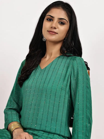 Emerald Green Self - Patterned Kurta with pant - The Bebla