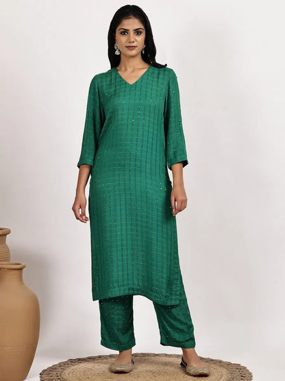 Emerald Green Self - Patterned Kurta with pant - The Bebla