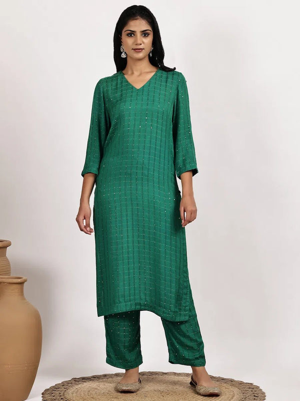 Emerald Green Self-Patterned Kurta with pant