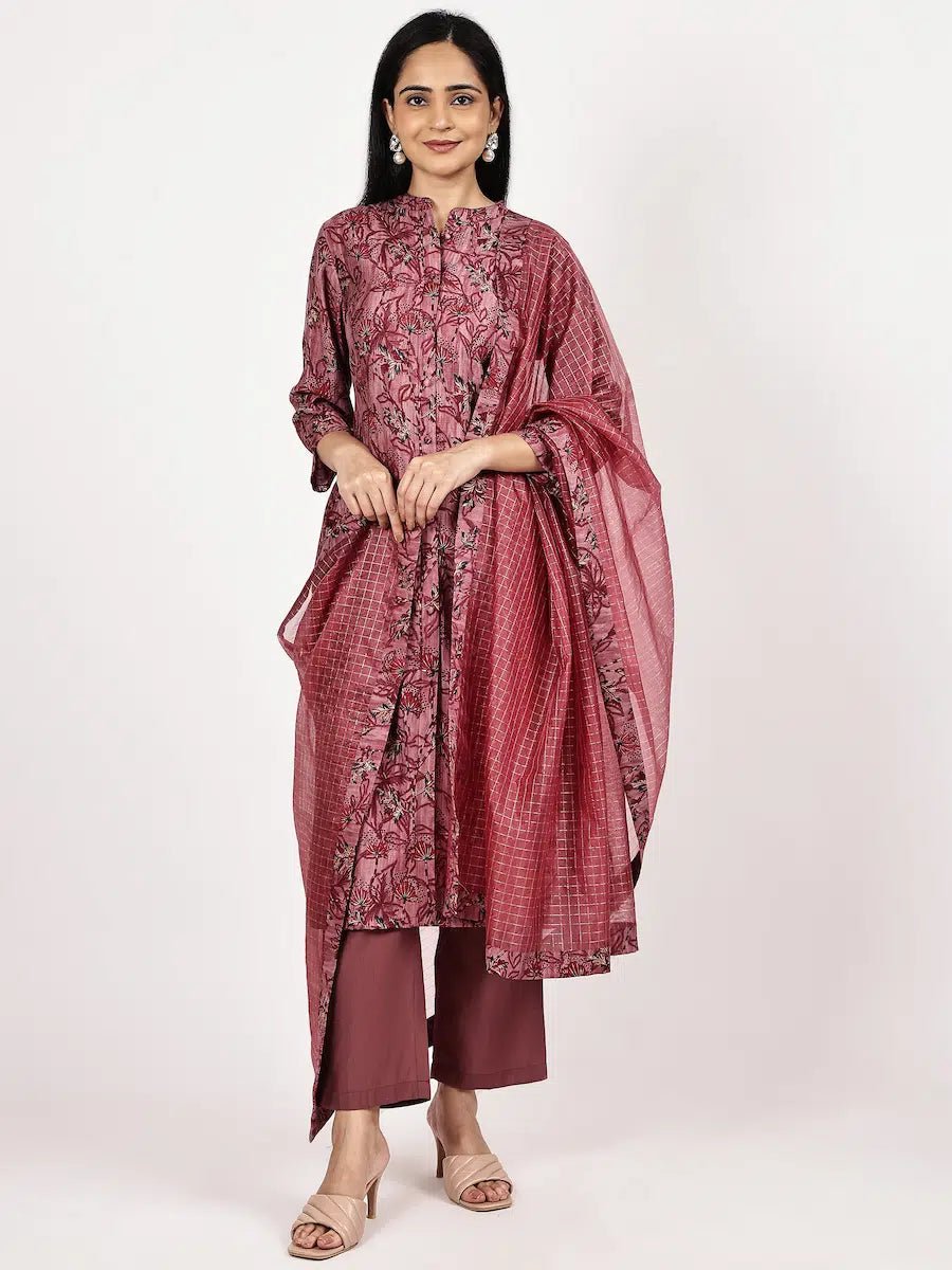 Festive Maroon Printed Kurta Set with Premium Zari Dupatta
