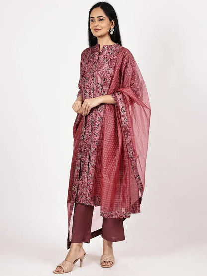 Festive Maroon Printed Kurta Set with Premium Zari Dupatta - The Bebla
