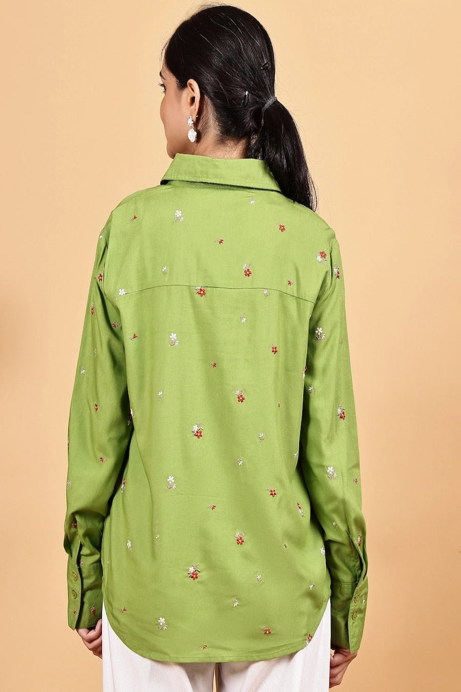 Front opened collar shirt with all over floral embriodery - The Bebla
