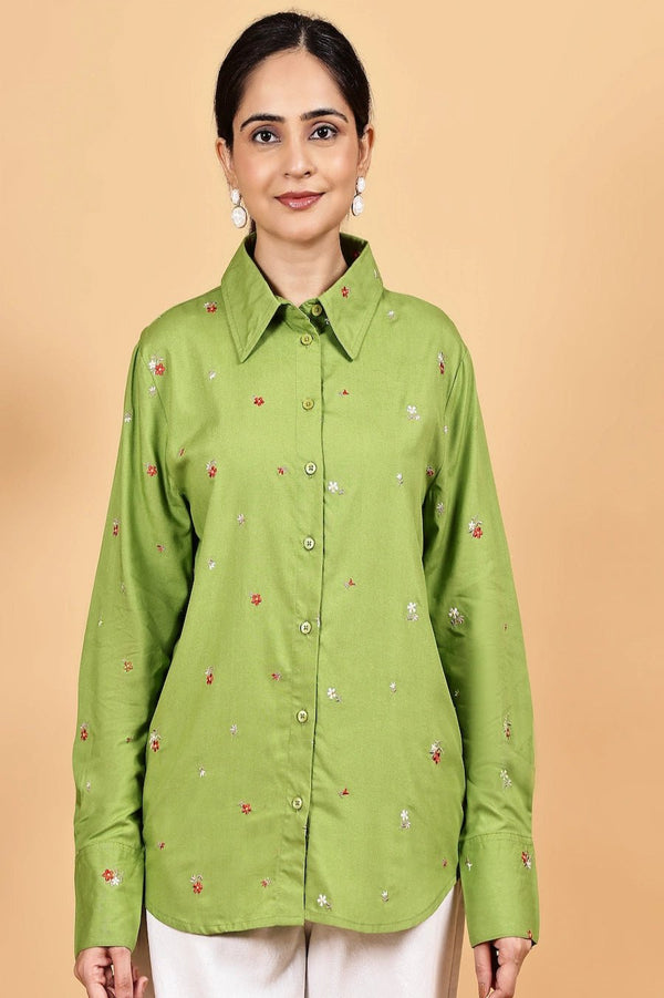 Front opened collar shirt with all over floral embriodery