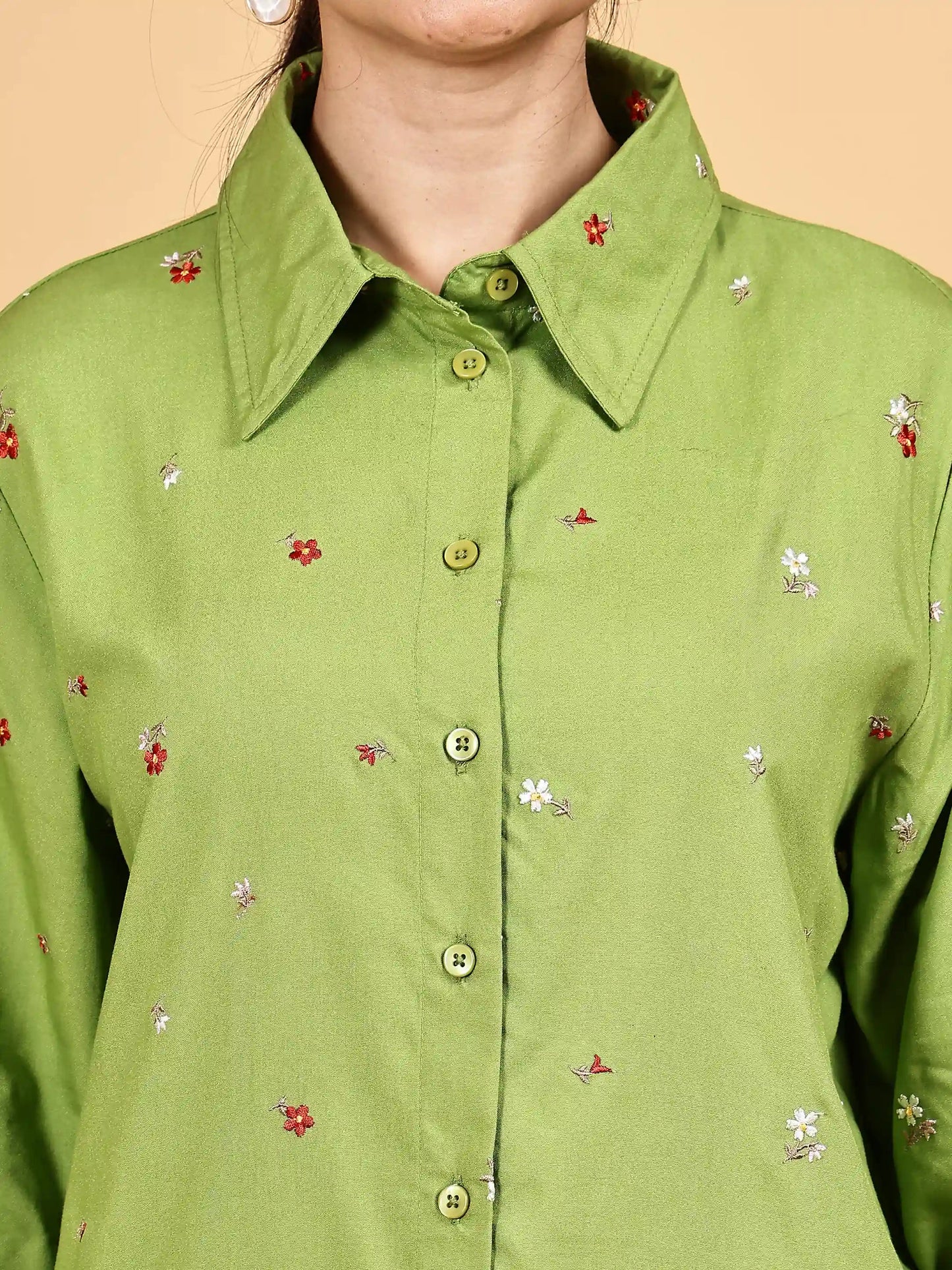 Front opened collar shirt with all over floral embriodery - The Bebla