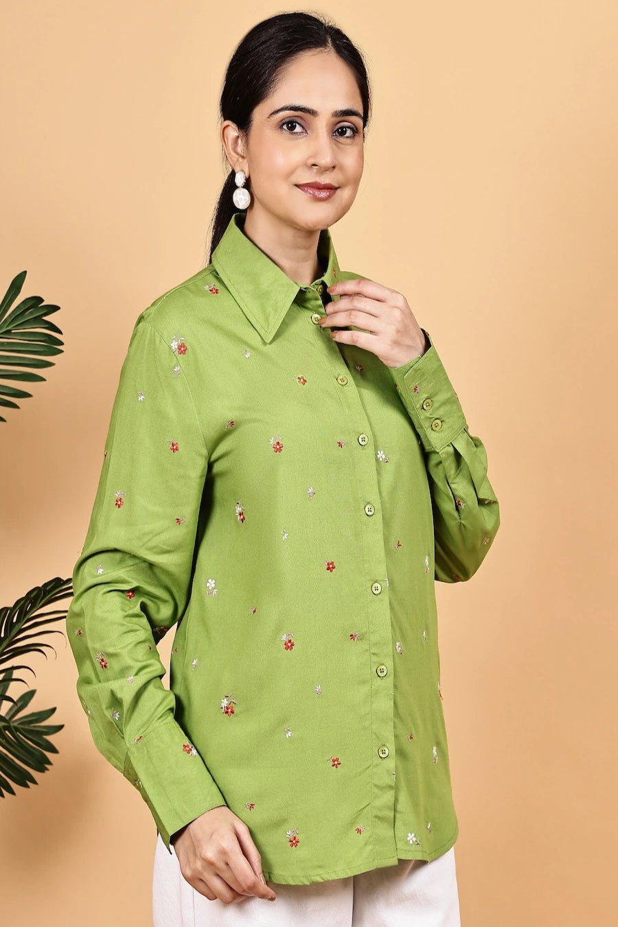 Front opened collar shirt with all over floral embriodery - The Bebla
