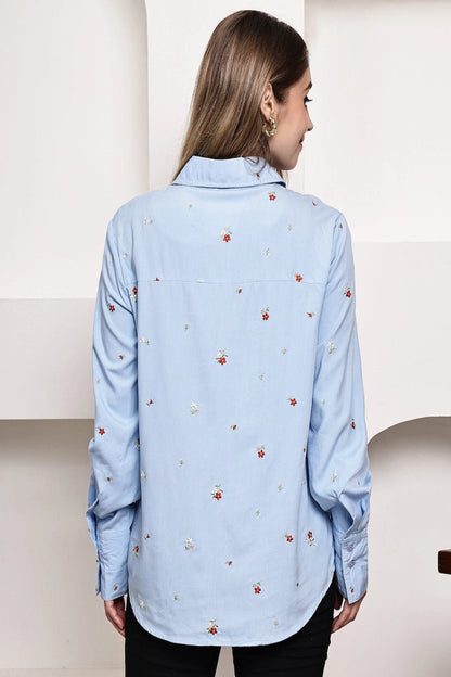 Front opened collar shirt with all over floral embriodery - The Bebla