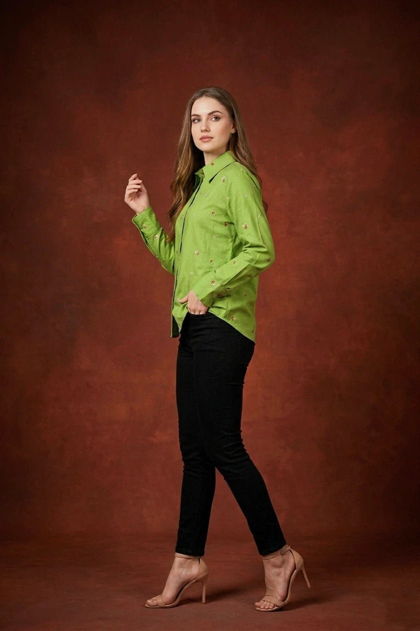 Front opened collar shirt with all over floral embriodery - The Bebla