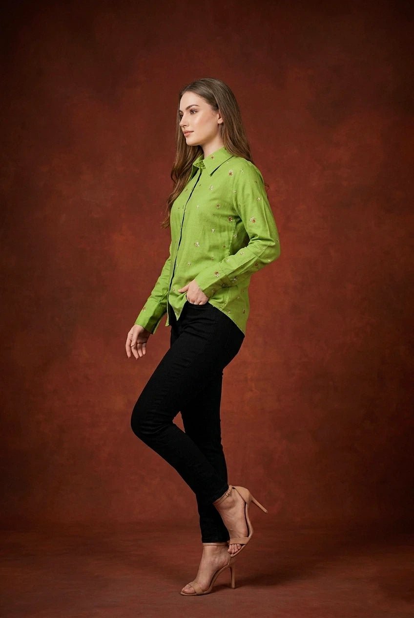 Front opened collar shirt with all over floral embriodery - The Bebla