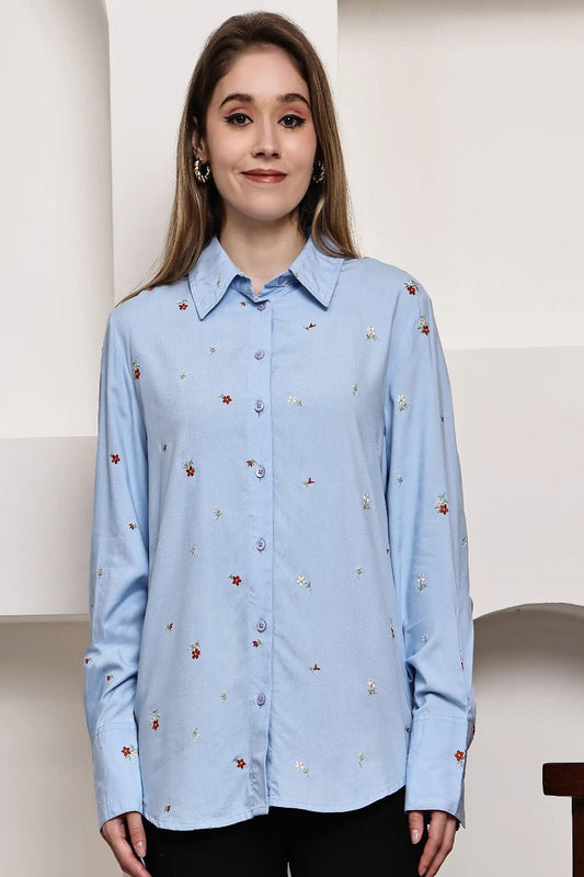 Front opened collar shirt with all over floral embriodery - The Bebla