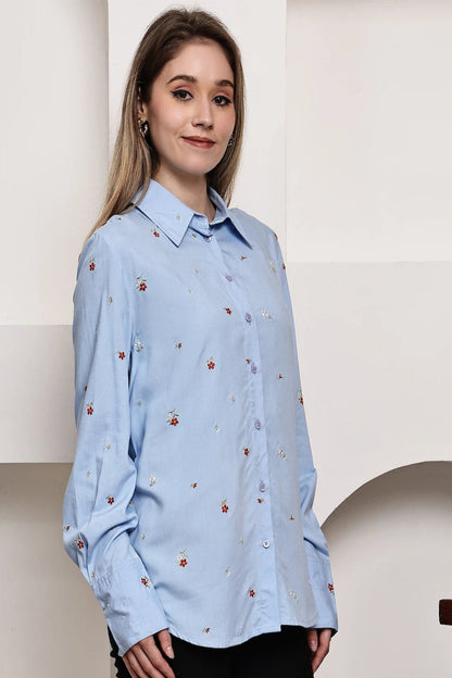 Front opened collar shirt with all over floral embriodery - The Bebla