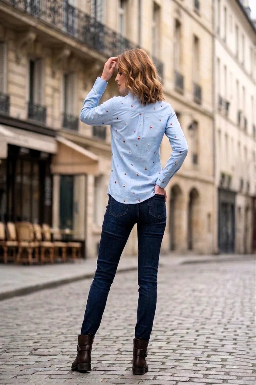 Front opened collar shirt with all over floral embriodery - The Bebla