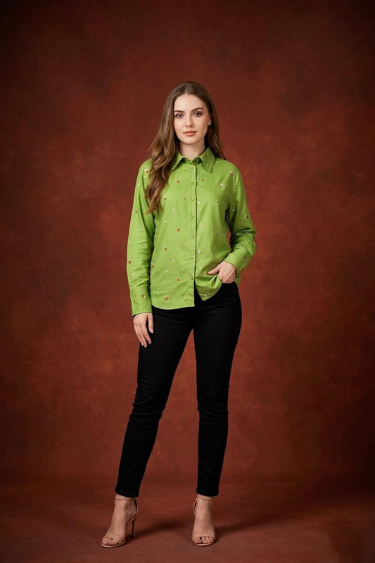 Front opened collar shirt with all over floral embriodery - The Bebla