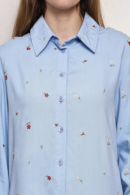 Front opened collar shirt with all over floral embriodery - The Bebla