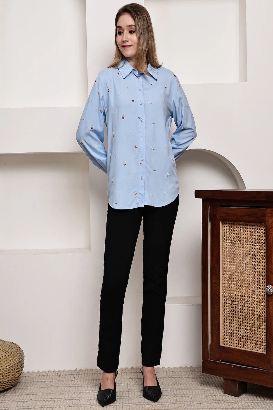 Front opened collar shirt with all over floral embriodery - The Bebla