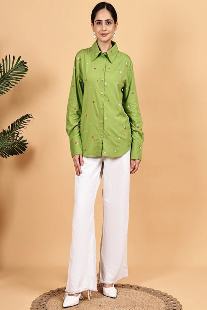 Front opened collar shirt with all over floral embriodery - The Bebla