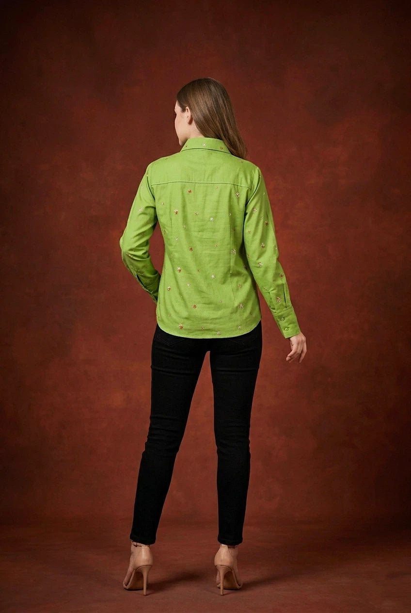 Front opened collar shirt with all over floral embriodery - The Bebla