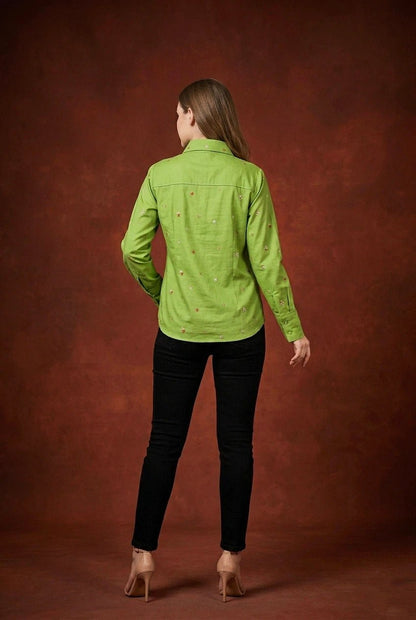 Front opened collar shirt with all over floral embriodery - The Bebla