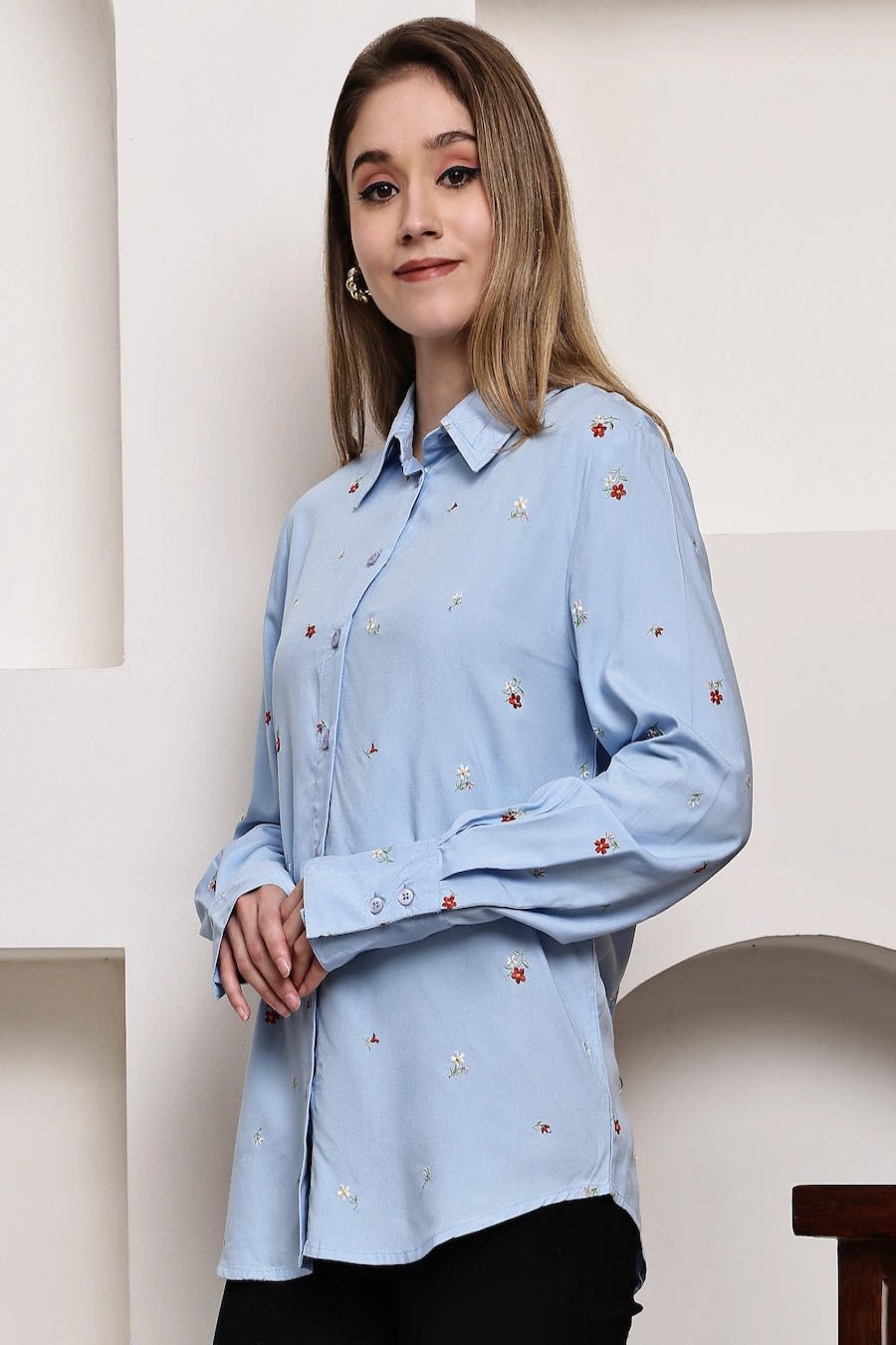 Front opened collar shirt with all over floral embriodery - The Bebla