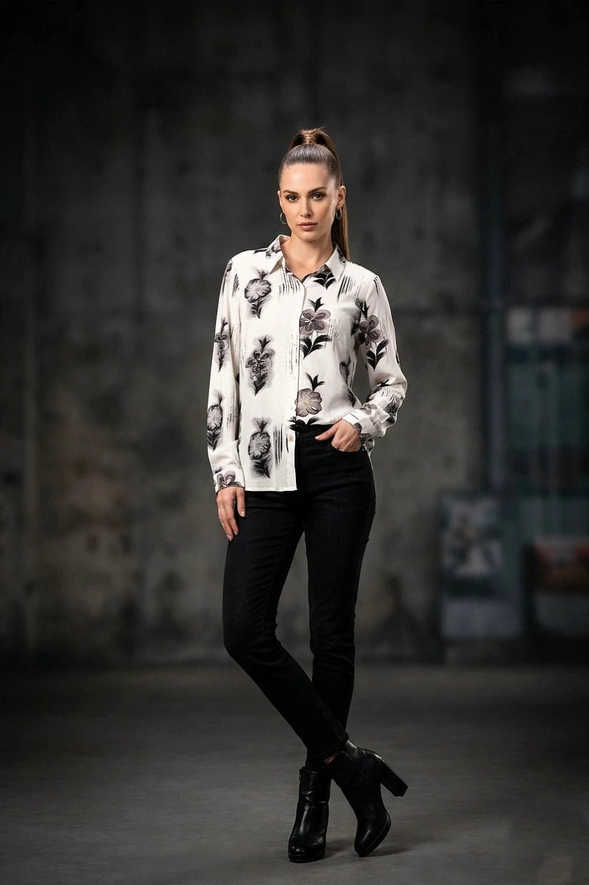 Front opened collar shirt with all over floral print - The Bebla