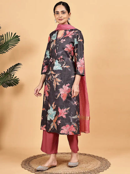 Gray - color printed kurta with straight pants - The Bebla