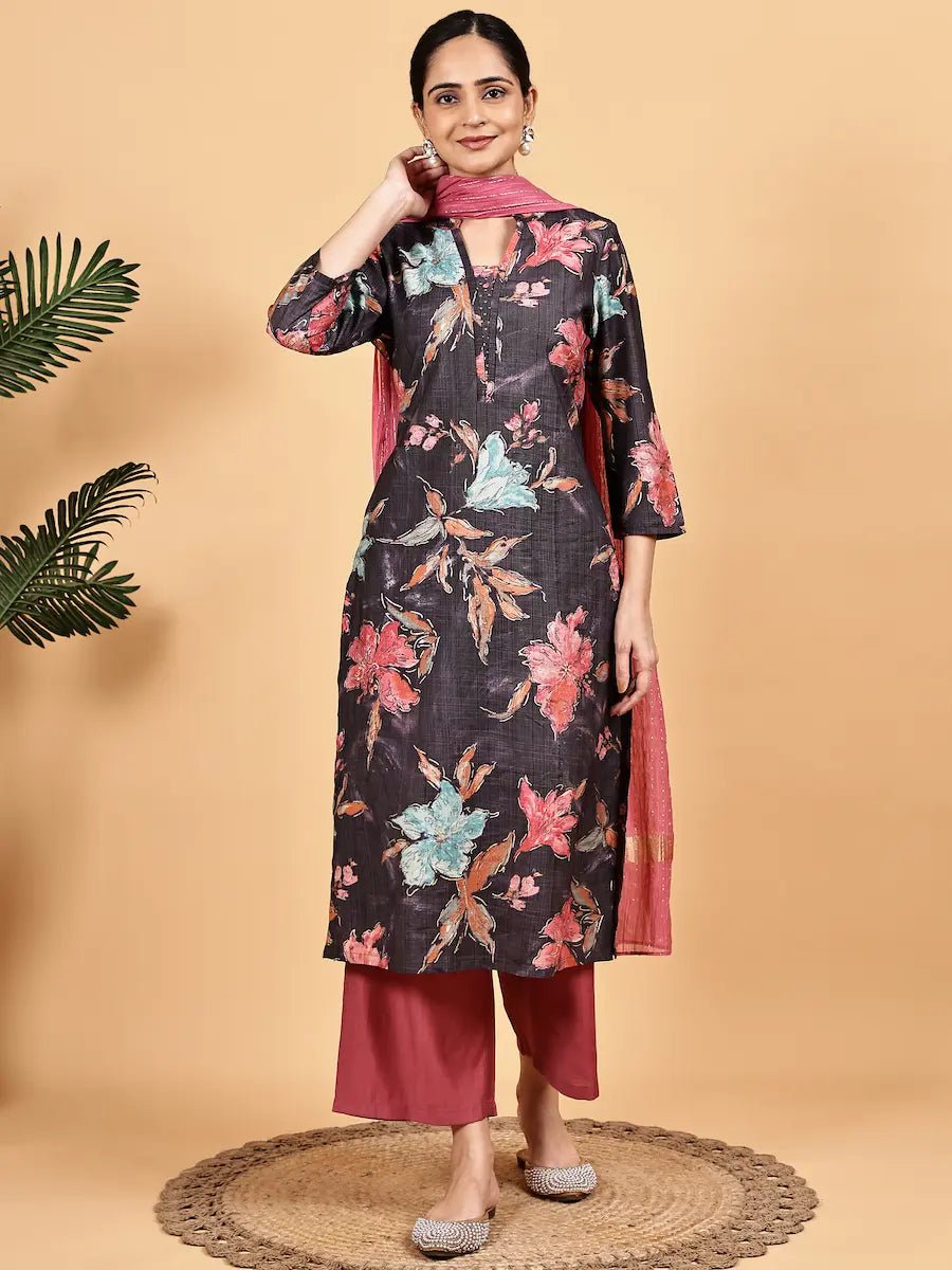 Gray - color printed kurta with straight pants - The Bebla