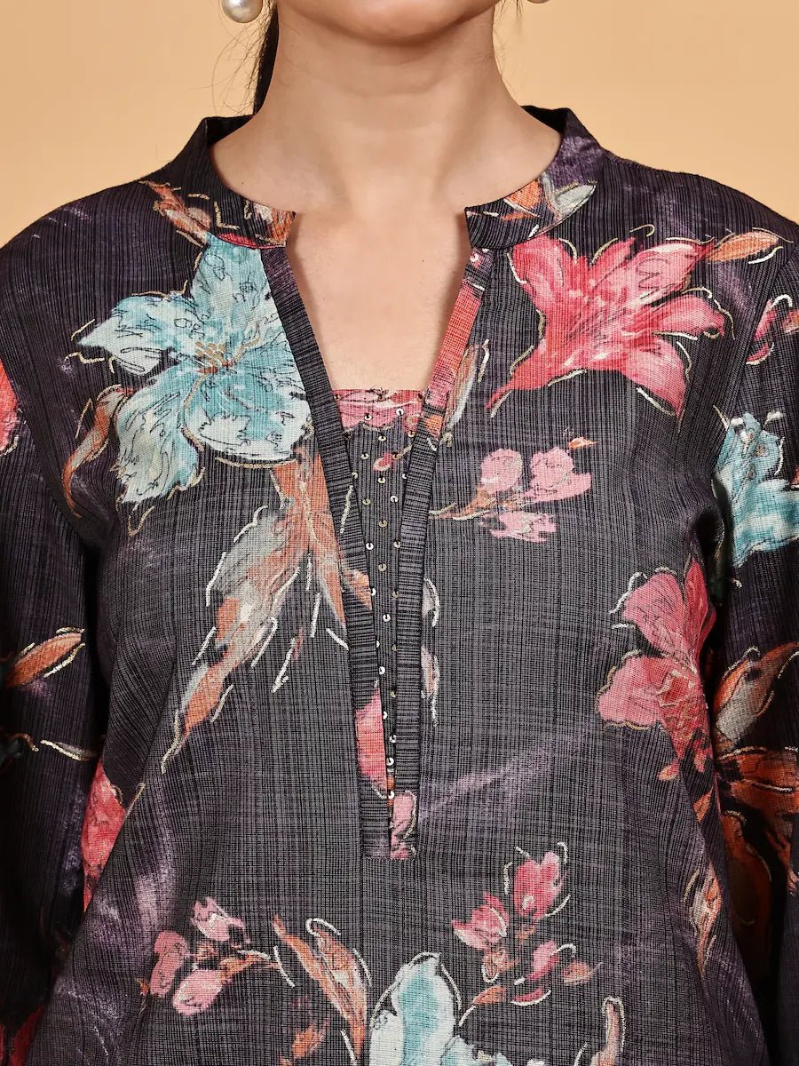 Gray - color printed kurta with straight pants - The Bebla