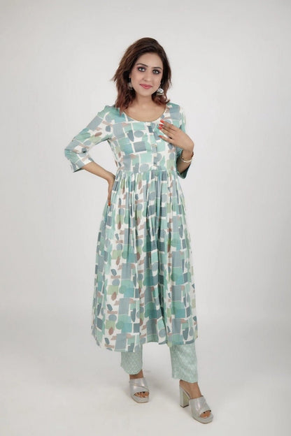 Green flower printed dress along with printed pants - The Bebla