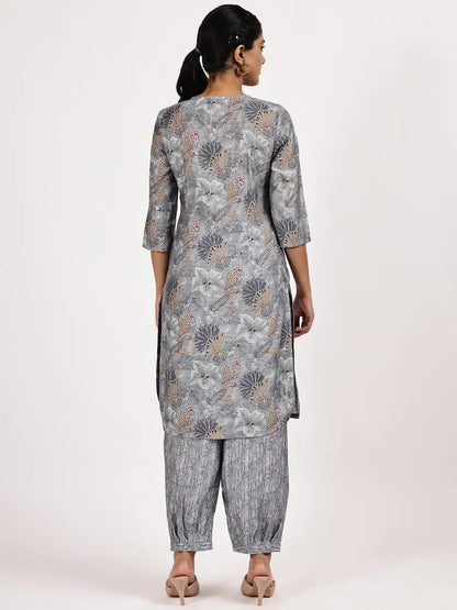 Grey Casual Printed Kurta with afghani salwar - The Bebla