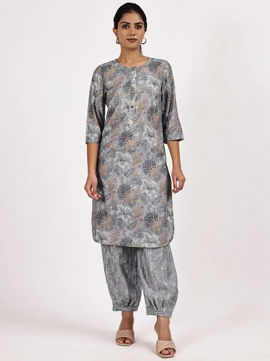 Grey Casual Printed Kurta with afghani salwar - The Bebla