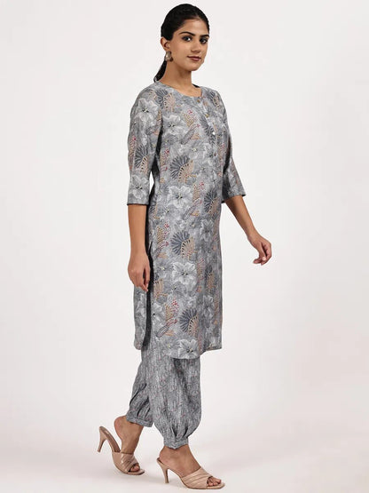 Grey Casual Printed Kurta with afghani salwar - The Bebla