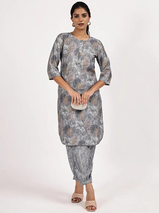 Grey Casual Printed Kurta with afghani salwar - The Bebla