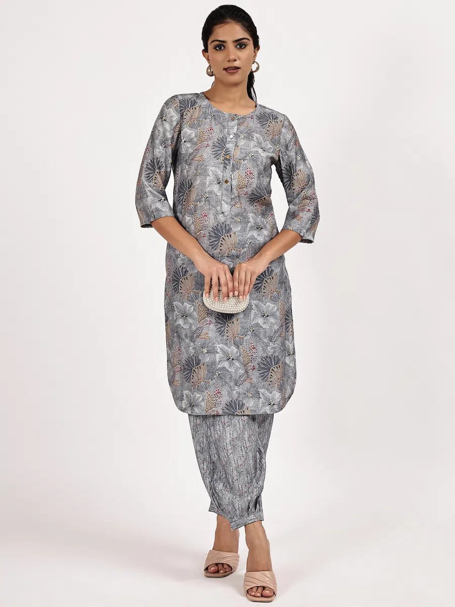 Grey Casual Printed Kurta with afghani salwar