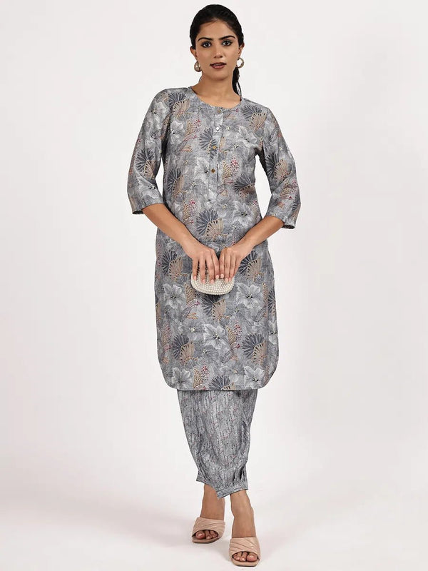 Grey Casual Printed Kurta with afghani salwar