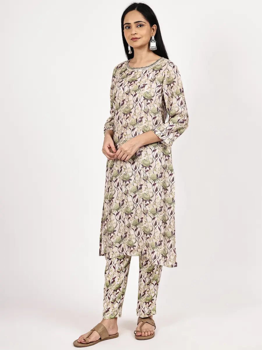 Grey Floral print Kurta with pant - The Bebla