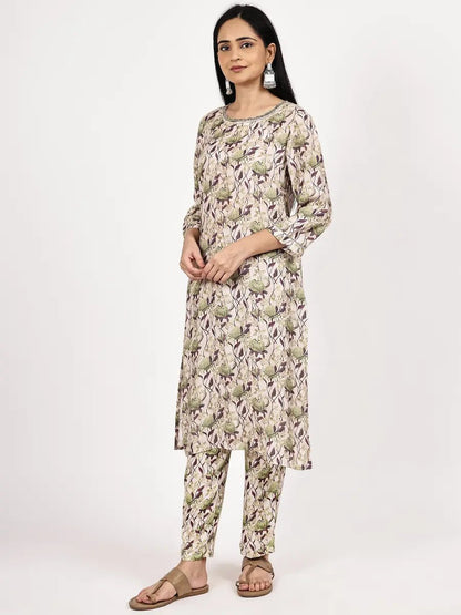 Grey Floral print Kurta with pant - The Bebla